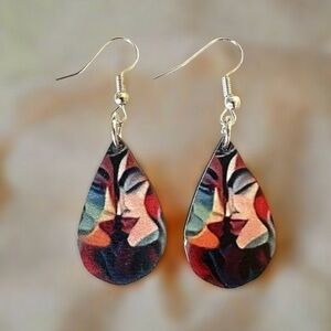 ⭐️ 5 for $25 Bohemian Wood Abstract Faces Teardrop Hoop Fashion Earrings